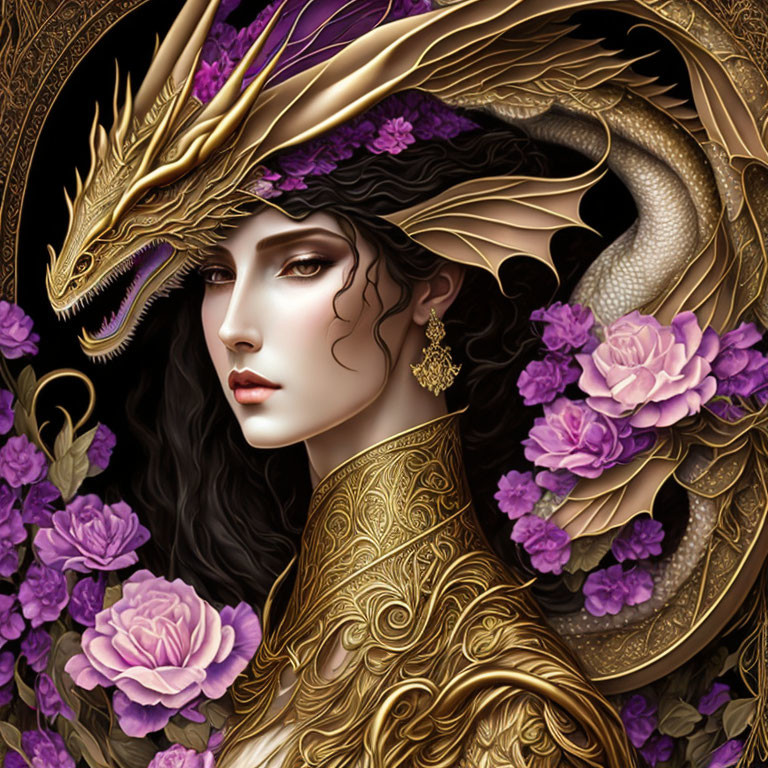 Dark-haired woman with purple flowers and golden dragon in a field of purple peonies