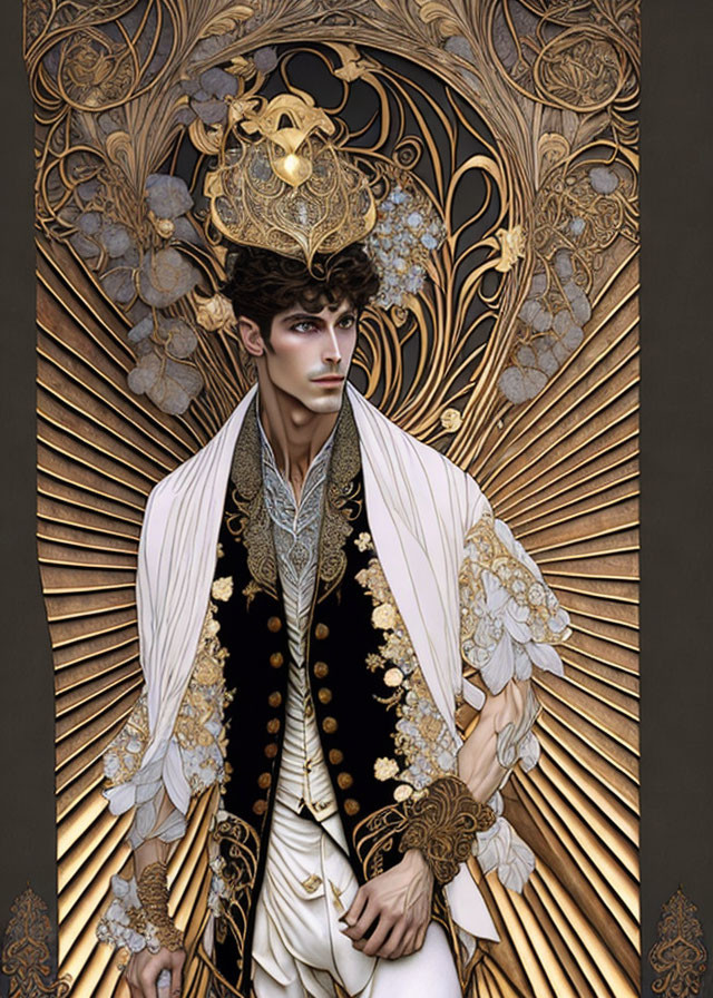 Illustrated male figure in crown and ornate coat on golden art nouveau background