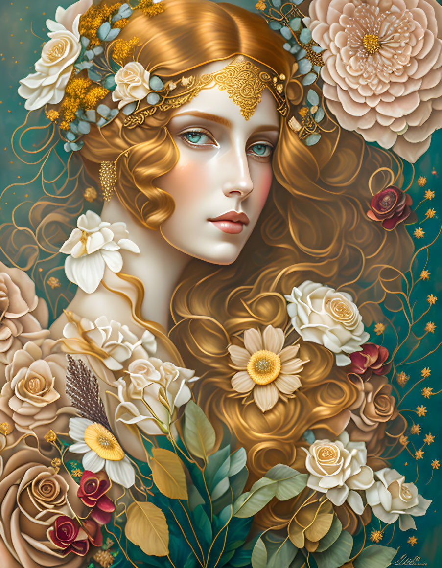 Golden-haired woman with floral adornments in soft palette surrounded by stylized flowers