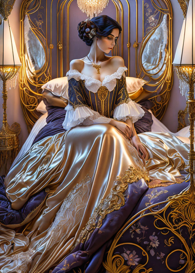 Regal woman in historical gown on luxurious bed with golden accents