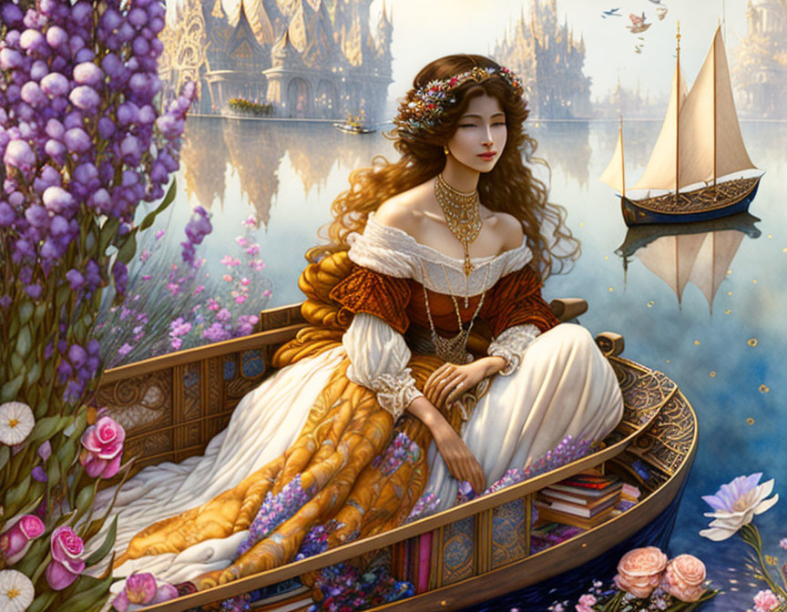 Renaissance-style lady in ornate boat with flowers, sailboat, and castle.