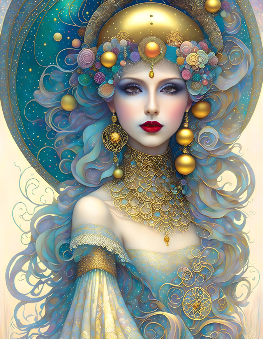 Ethereal woman with blue flowing hair in celestial setting