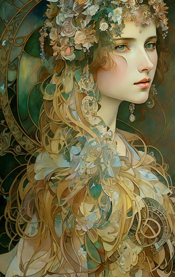 Digital Artwork: Woman with Floral and Mechanical Adornments