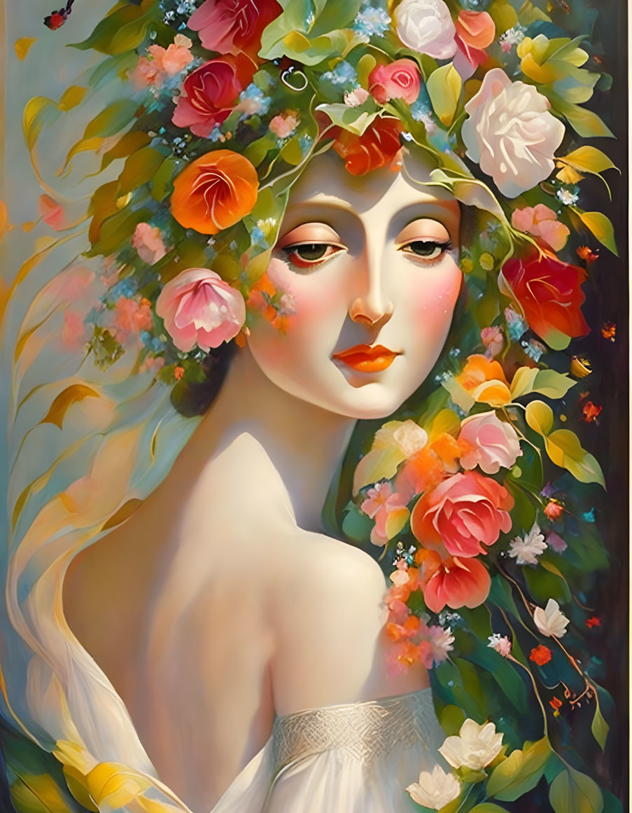 Woman with vibrant floral headpiece and serene expression.