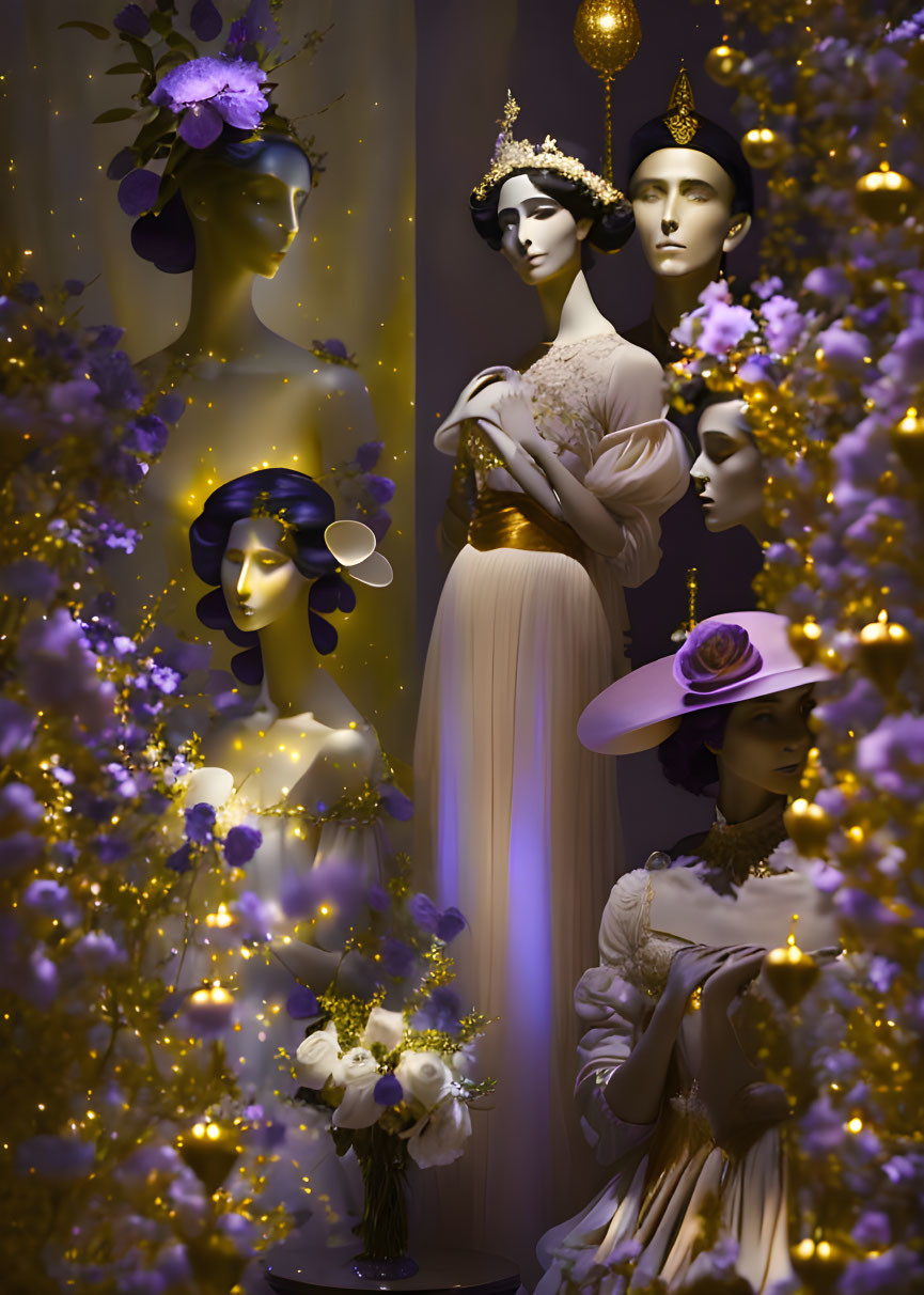 Regal Attire Mannequins Among Purple Flowers