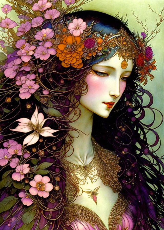 Illustration of woman with dark hair, adorned with colorful flowers and intricate jewelry