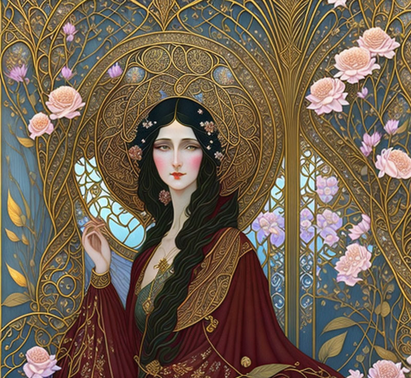 Illustrated woman in red cloak with dark hair on floral Art Nouveau backdrop