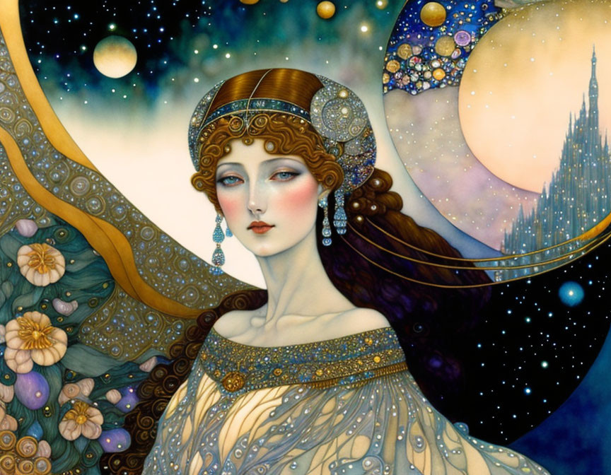 Fantasy-themed art nouveau woman with celestial motifs