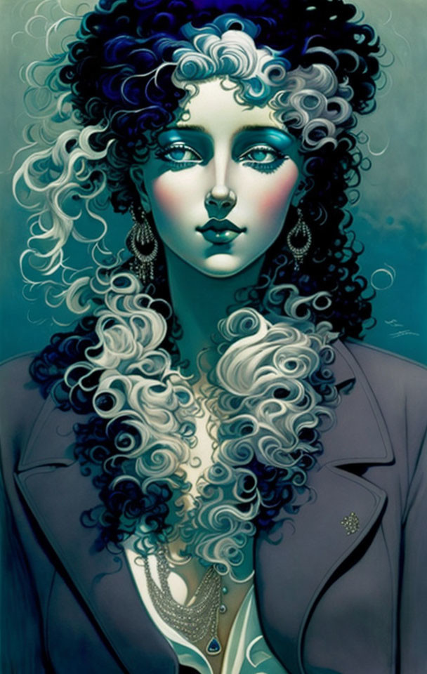 Illustration of woman with voluminous curly black hair, blue skin, blue lips, dark jacket,