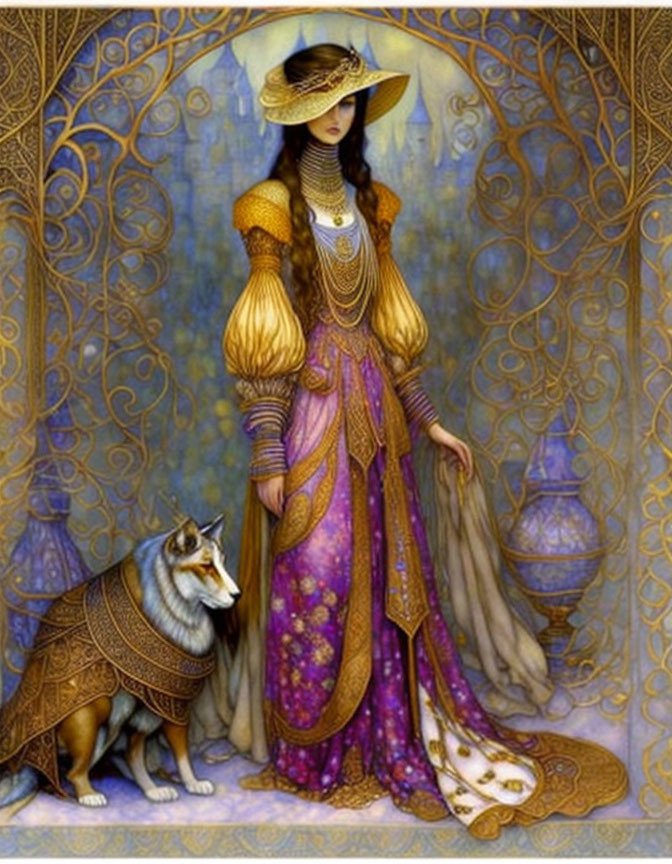 Illustrated woman in elegant gold and purple dress with wolf on golden backdrop