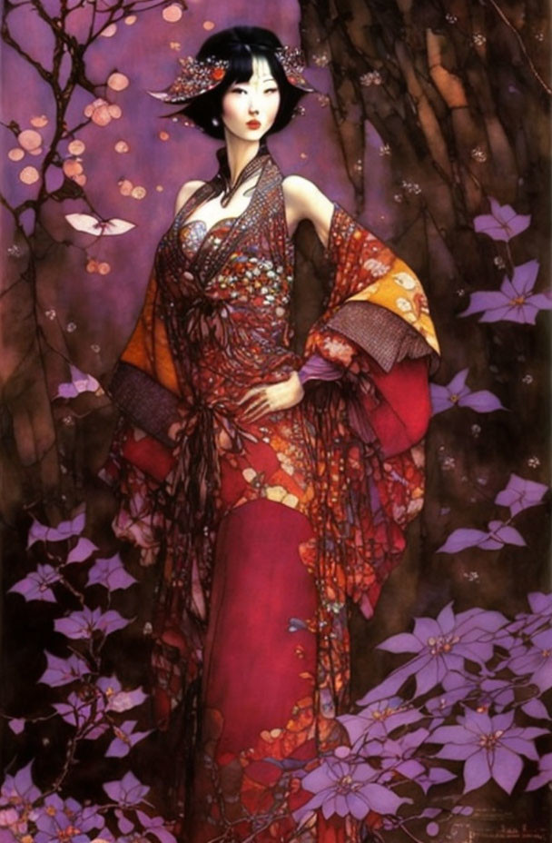 Illustration of woman in floral kimono surrounded by pink blossoms under purple sky