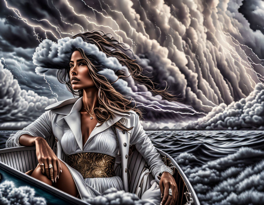 Digital artwork: Woman in white coat with cloud-like hair in boat amidst stormy skies and turbulent waves