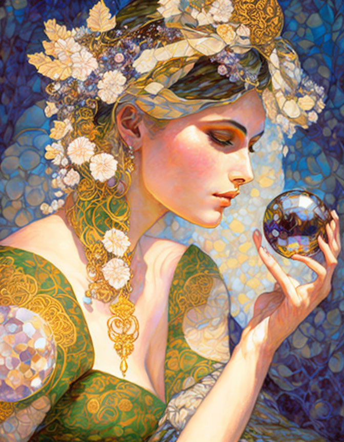 Woman in floral headdress gazes at crystal ball in mosaic setting