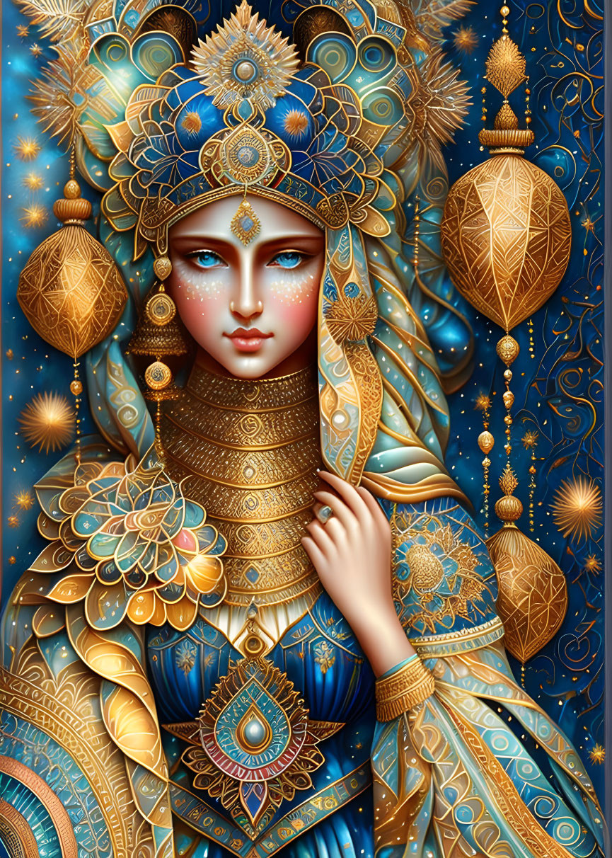 Detailed Blue-Skinned Woman in Golden Headdress Illustration