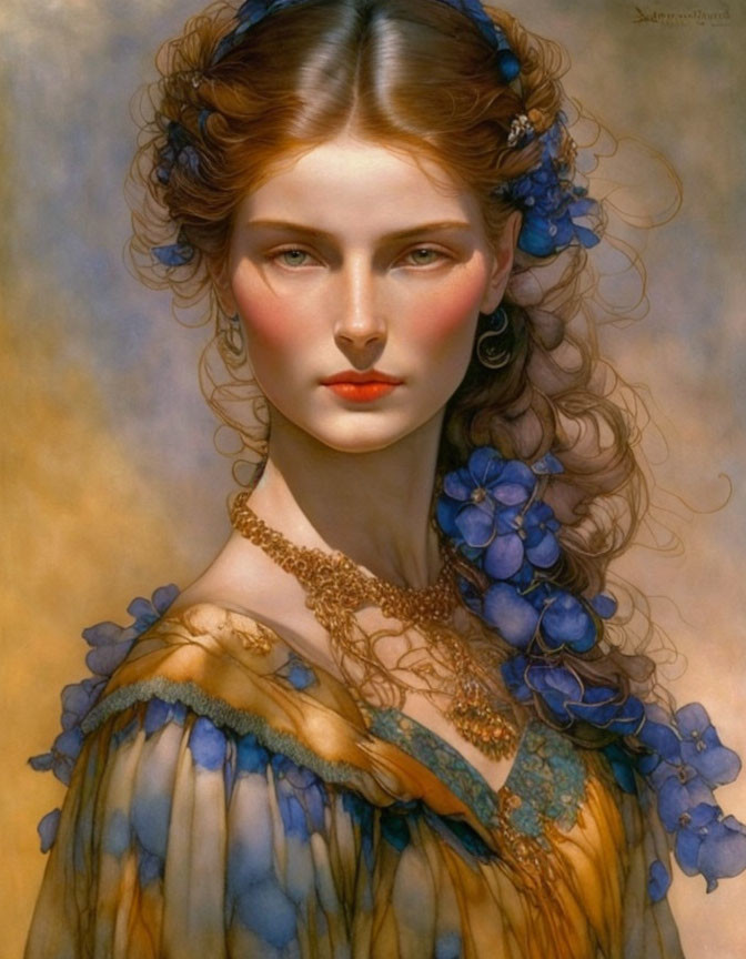 Illustration of woman with red hair, fair skin, and blue flowers in translucent dress