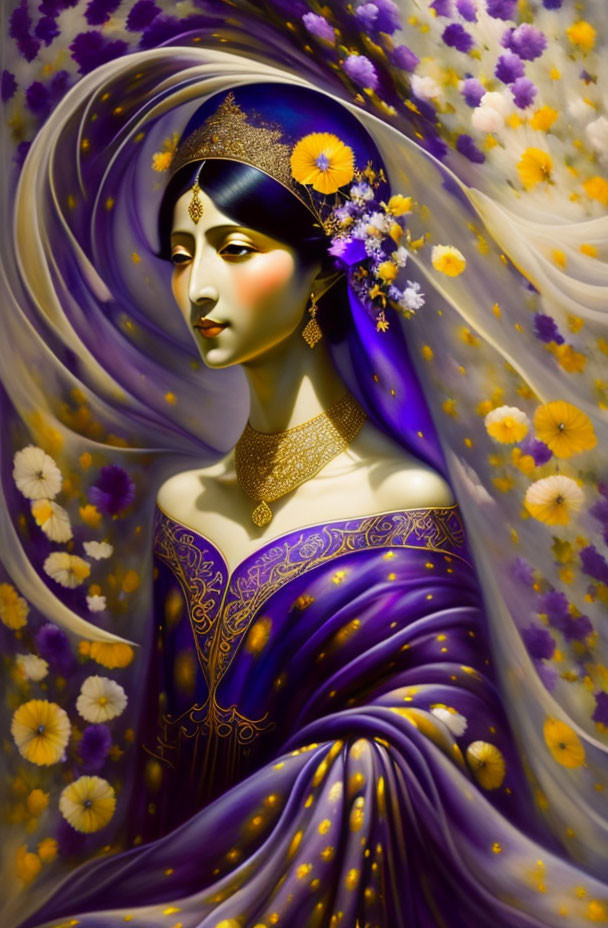 Woman in Golden Headwear and Purple Robe with Gold Designs and Floral Surroundings