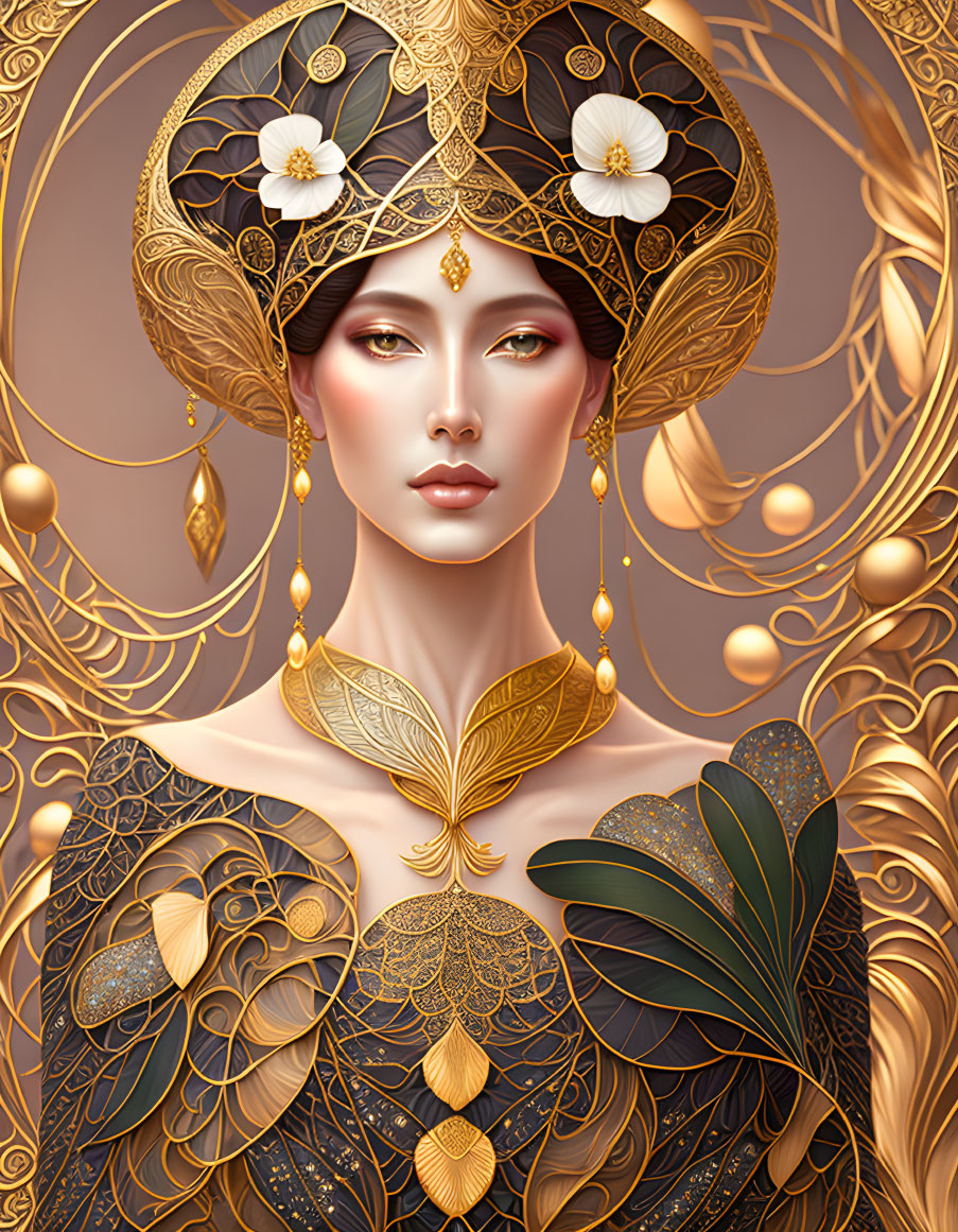 Elaborate gold headdress and ornate attire on illustrated woman