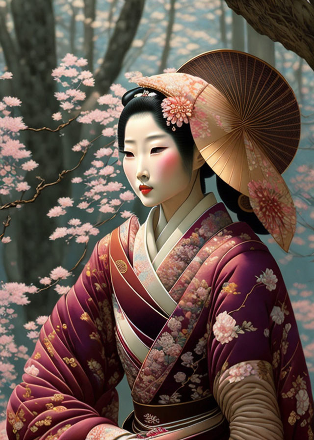 Traditional Japanese Attire Woman with Parasol Amid Cherry Blossoms