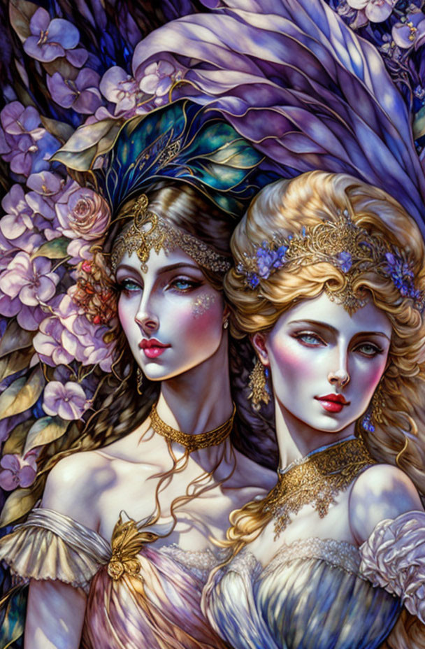 Fantasy women with intricate headdresses in purple flower setting