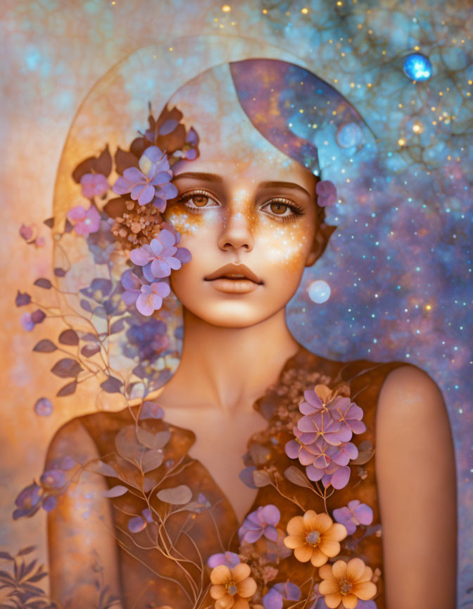 Woman with Floral Adornments in Surreal Digital Art