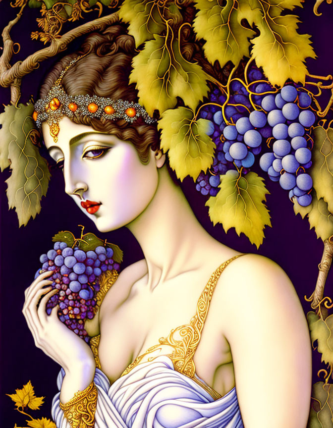 Stylized portrait of woman with grapes in grapevine setting