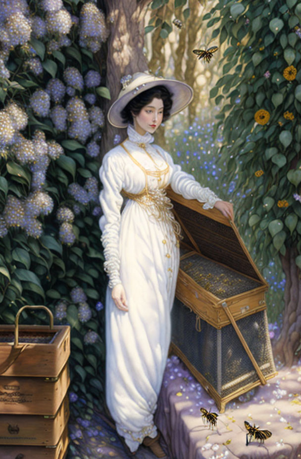 Woman in white vintage dress with hat near open chest in garden with bees and flowers