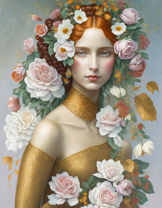 Red-haired woman portrait with floral adornments and serene beauty