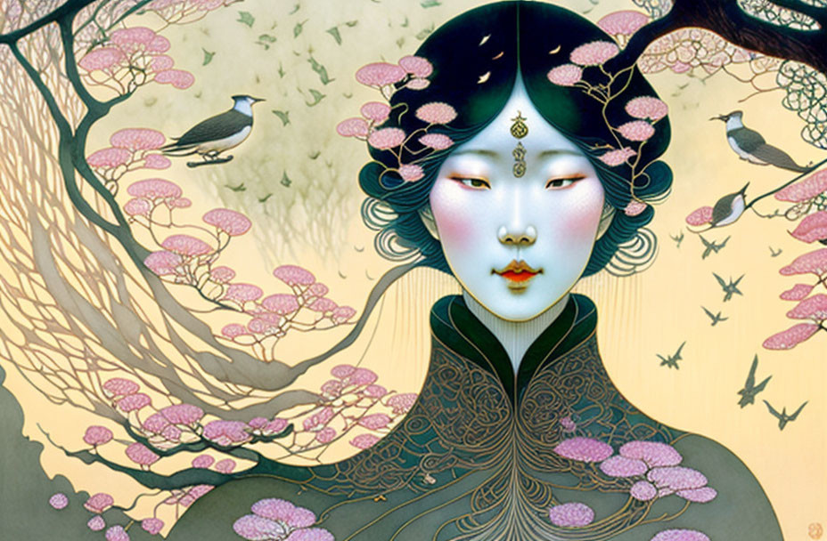 Illustrated portrait of woman with pale skin, dark hair, traditional makeup, surrounded by blossoming trees