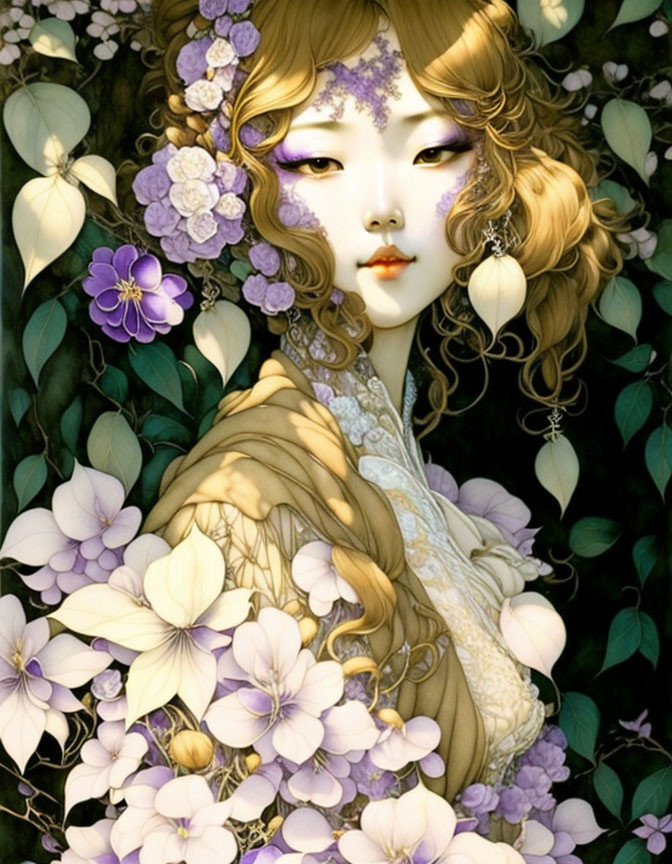 Golden-haired female figure in ornate cream attire surrounded by purple and white blooms