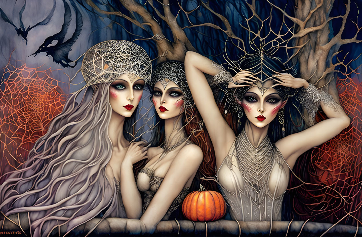 Three pale-skinned women with elaborate headpieces in an eerie autumn setting with a crow, cobwebs