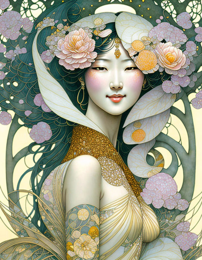 Illustration of serene woman with flowing floral hair in green and gold.