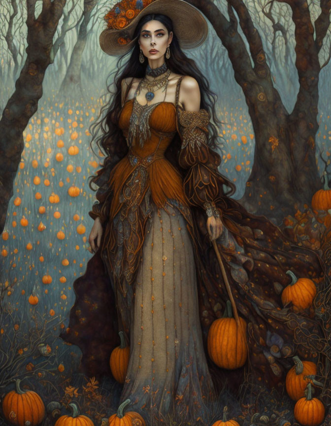 Woman in Orange Dress Surrounded by Pumpkins and Twisted Trees in Mystical Autumn Scene