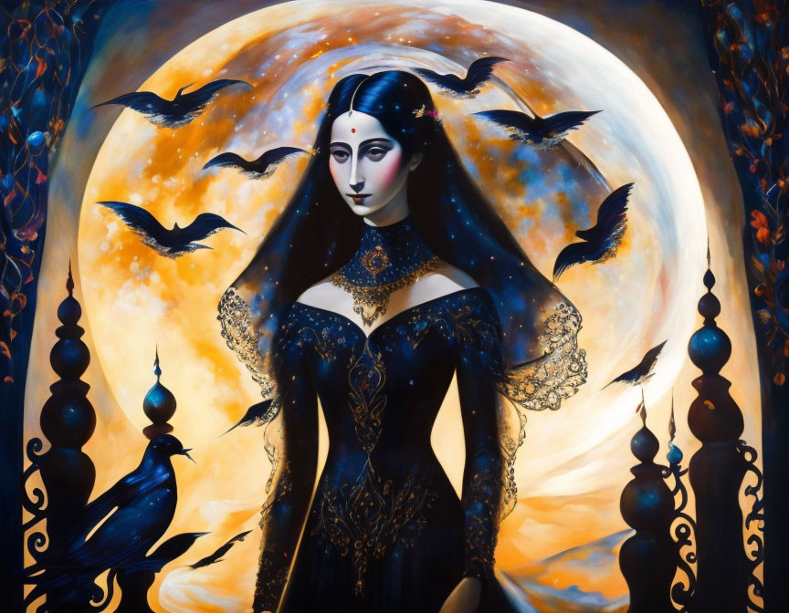 Stylized gothic painting of woman with dark hair in moonlit scene