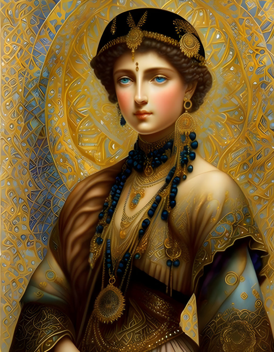 Digital artwork featuring woman with striking blue eyes in ornate gold and blue attire