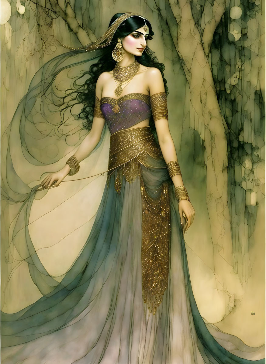 Illustrated woman in ornate traditional attire with gold accents against abstract tree backdrop.