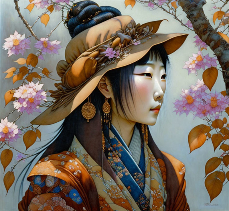 Traditional Eastern Woman Portrait in Ornate Hat and Kimono