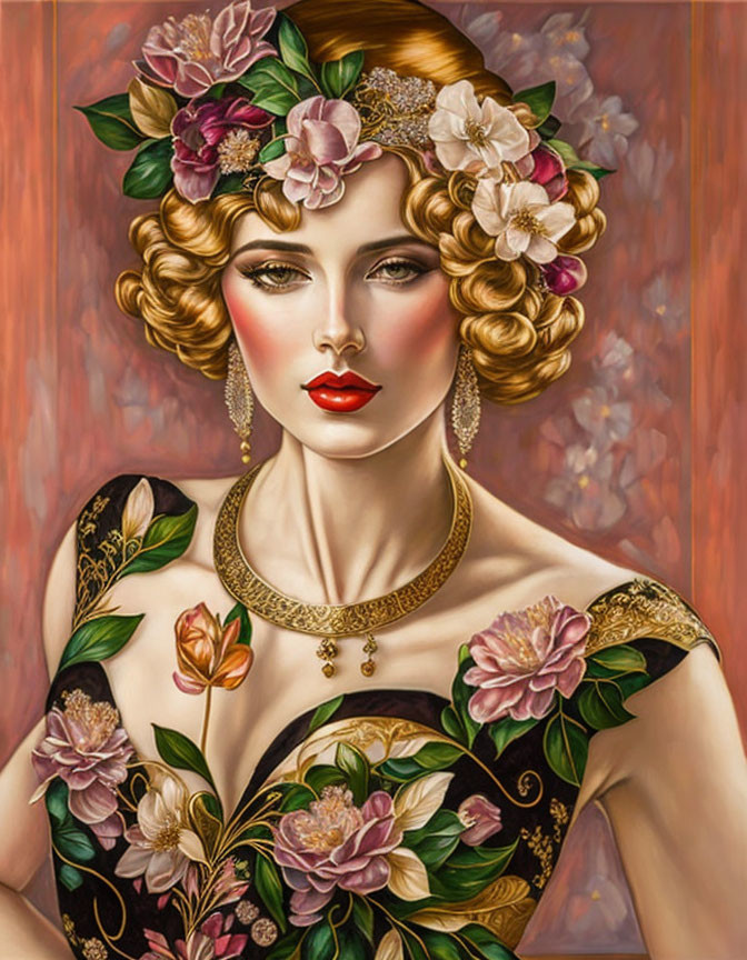 Illustrated portrait of woman with floral headpiece, golden curls, floral dress, and striking makeup