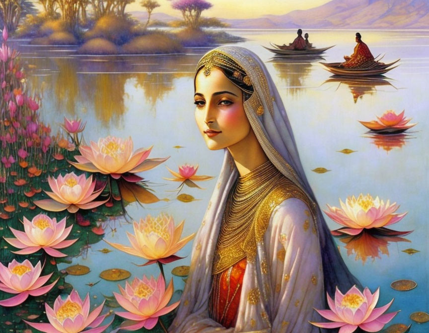 Serene woman in traditional attire surrounded by lotuses on tranquil waterbody