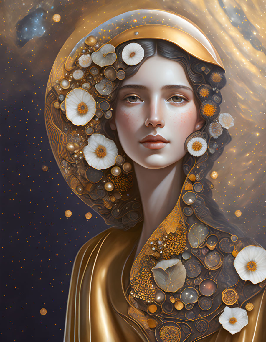 Portrait of Woman with Celestial and Floral Halo in Golden Hues