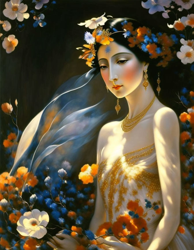 Ethereal woman with floral headdress and golden jewelry in vibrant setting