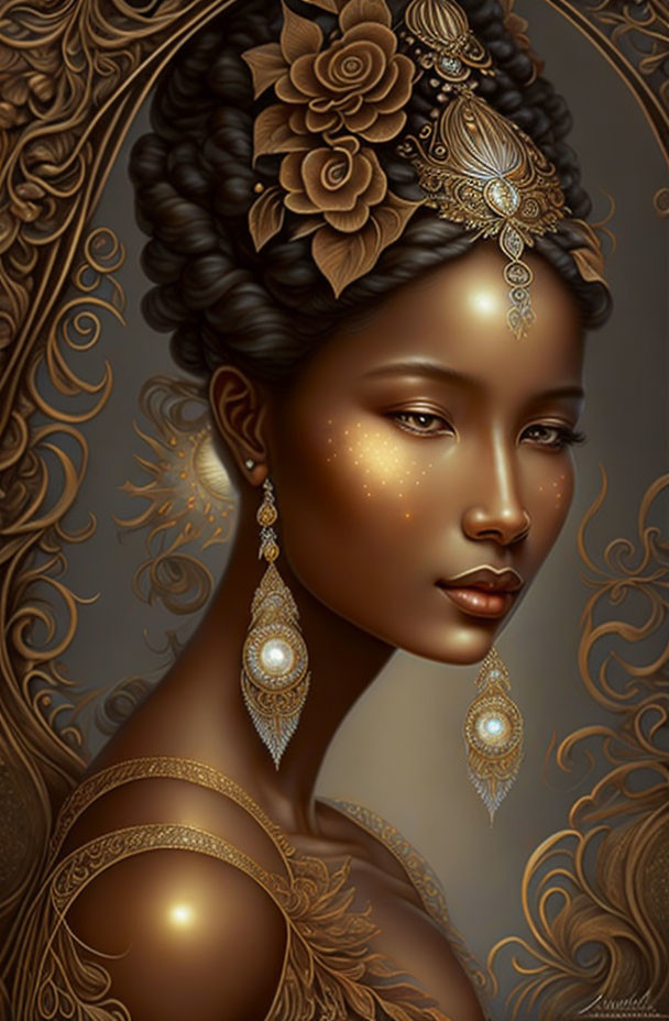 Digital art portrait of woman in ornate golden jewelry and headdress with floral elements on embellished brown