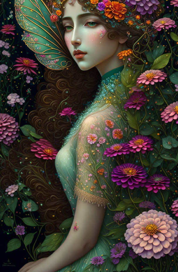 Green-skinned woman in floral attire surrounded by lush flowers depicts ethereal beauty.