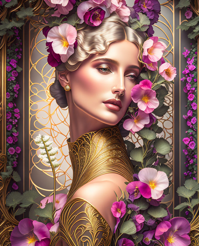 Illustrated portrait of a woman in ornate golden dress with stylized floral background