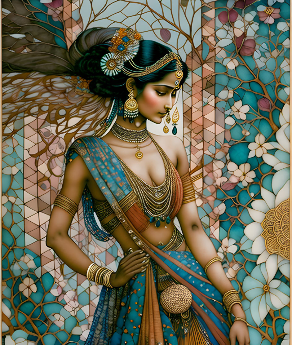 Traditional Indian Attire Woman Artwork with Elaborate Jewelry