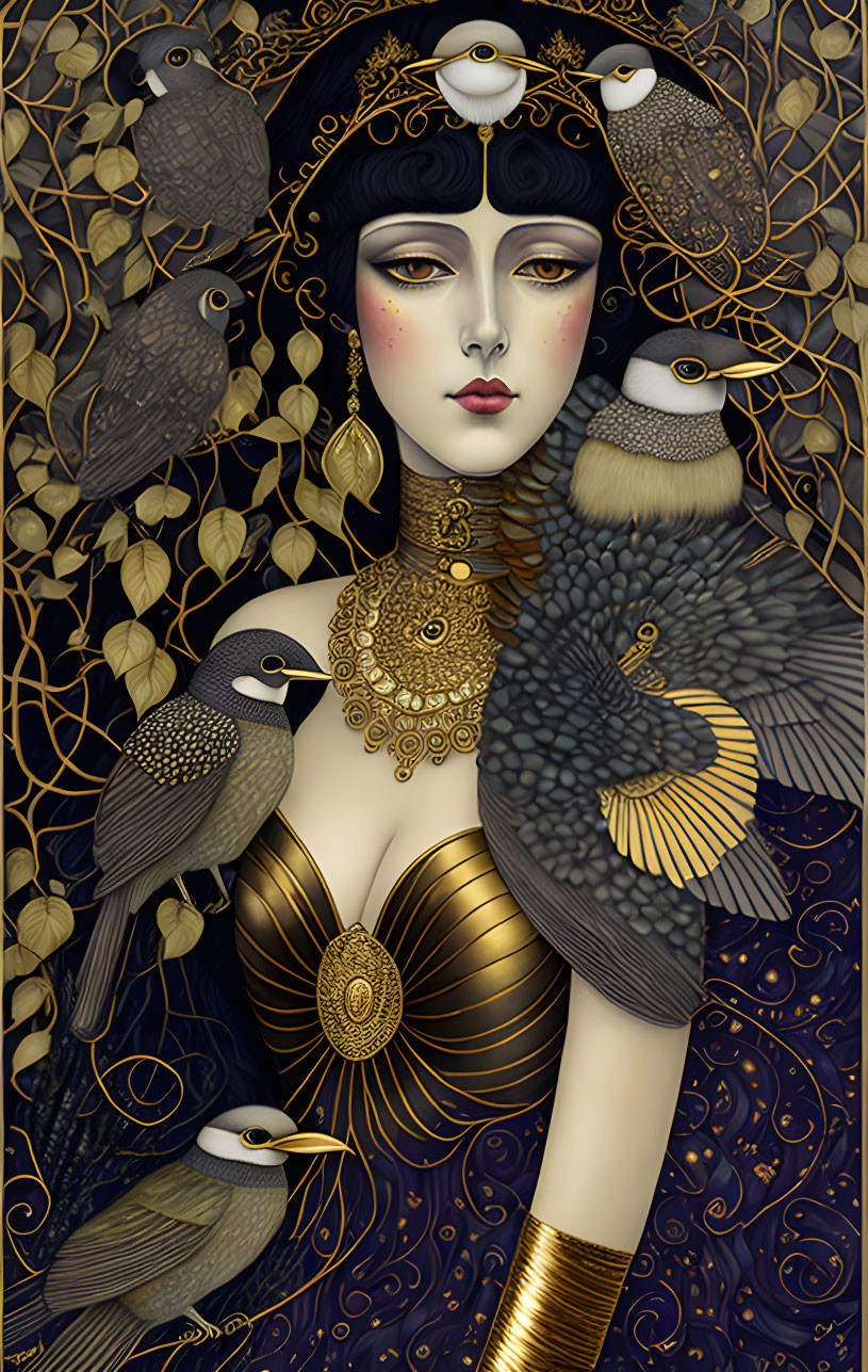 Detailed illustration: Woman with birds in golden foliage on dark background