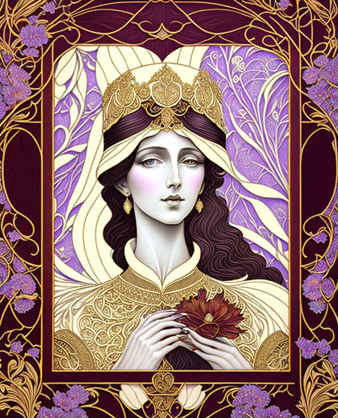 Stylized woman with ornate headdress and golden attire in purple floral border