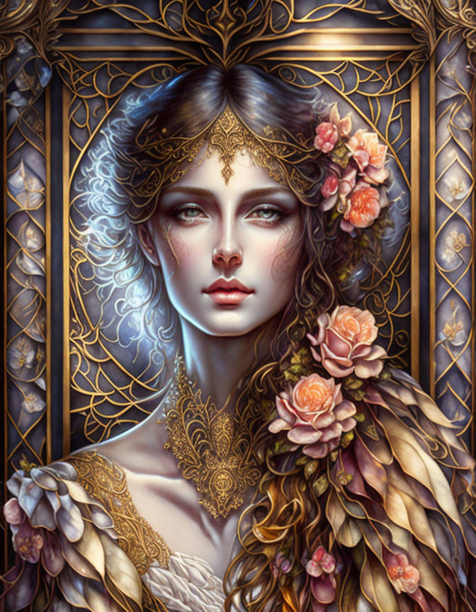 Detailed digital artwork of woman with floral adornments & golden patterns in ornate frame