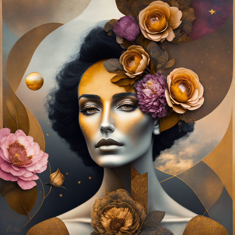 Cosmic-themed portrait of a woman with floral adornments