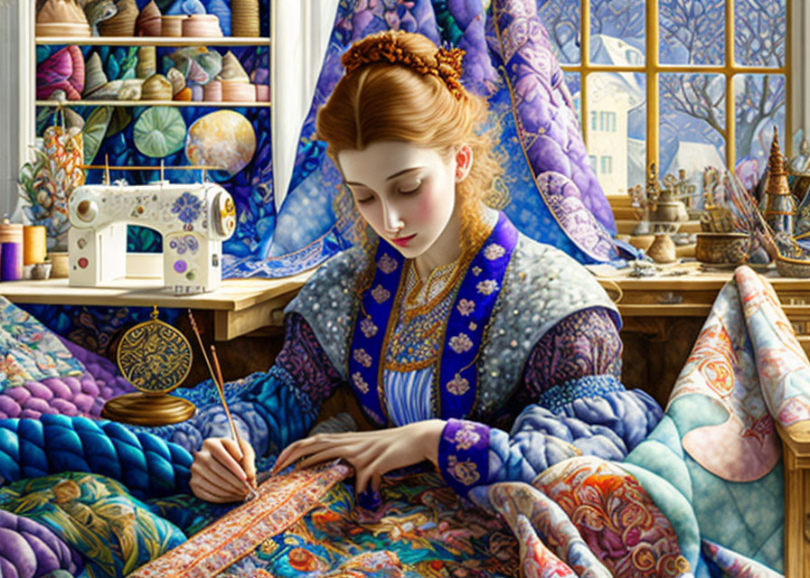 Woman embroidering surrounded by colorful fabrics and quilts in natural light