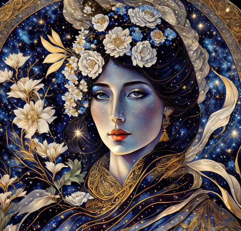 Stylized portrait of a cosmic-themed woman with white flowers in hair